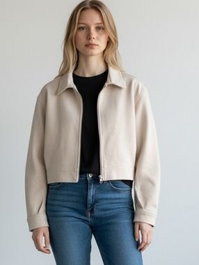 MUSINSA Vegan Lined Suede Crop Trucker Jacket. Sz XS / SM. Cream. P/P 17 L 15.
